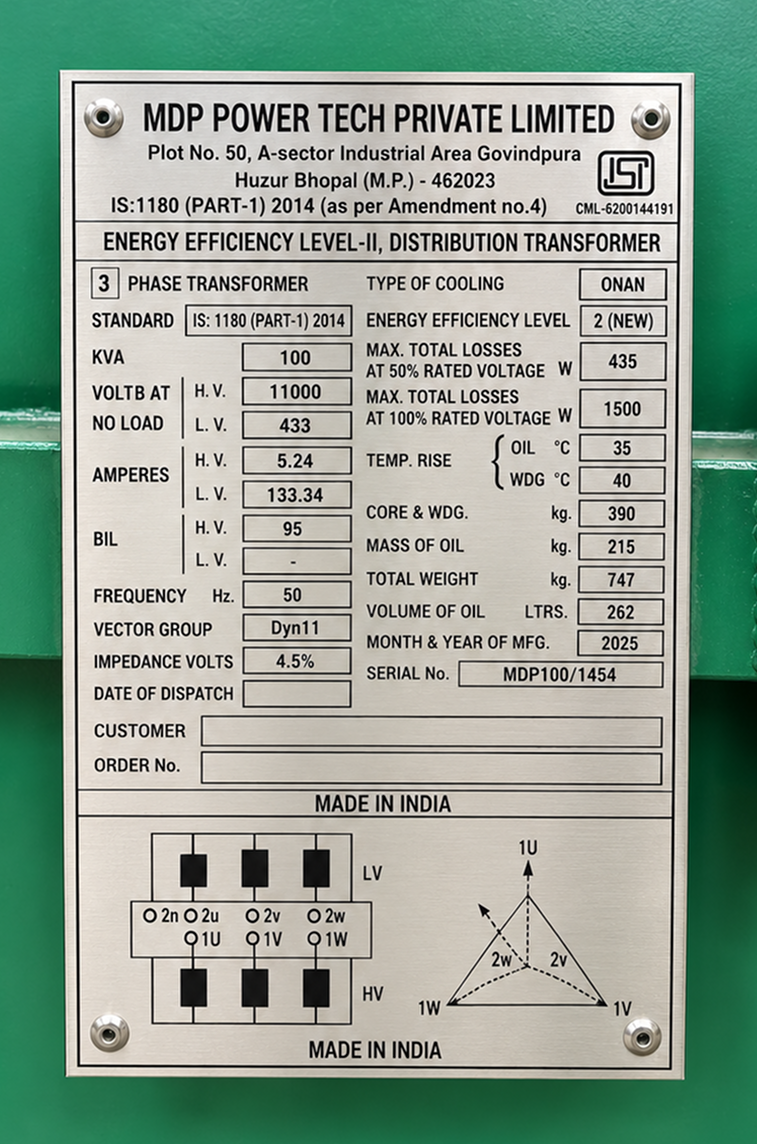 MDP Power Tech distribution transformer specification plate
