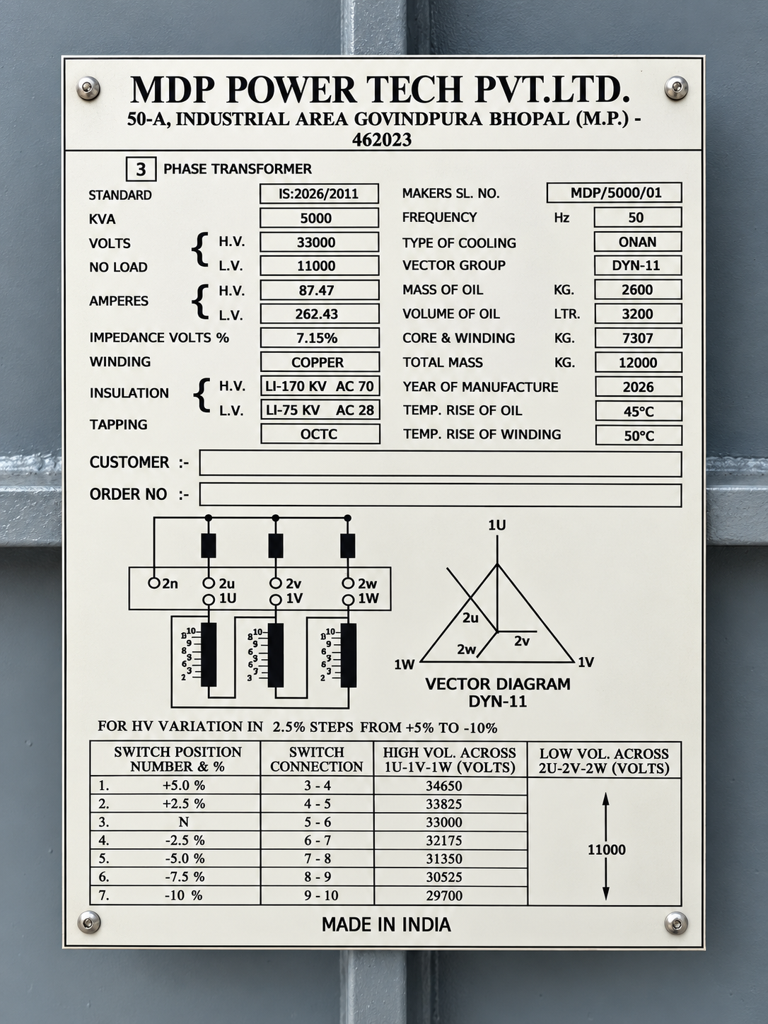MDP Power Tech transformer specification plate